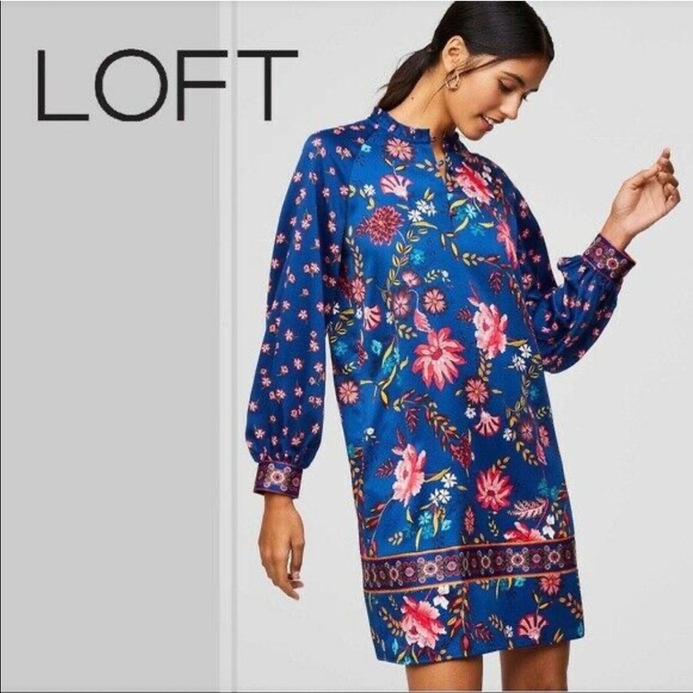 ❌DONATED❌ LOFT ANN TAYLOR Blue Silk Satin Floral Print Long Sleeve Shift Dress - Picture 8 of 8